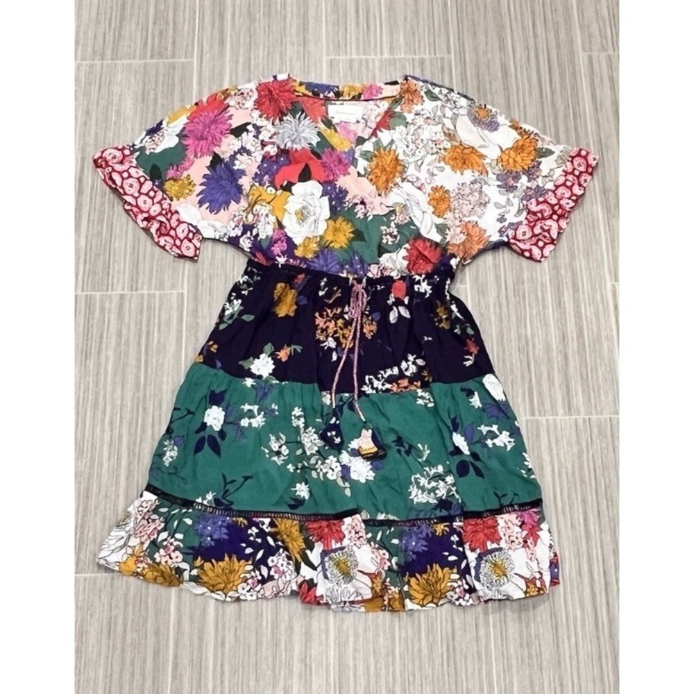 Anthropologie Patchwork Floral Mini Dress Boho Cottagecore Tiered Farm Festival